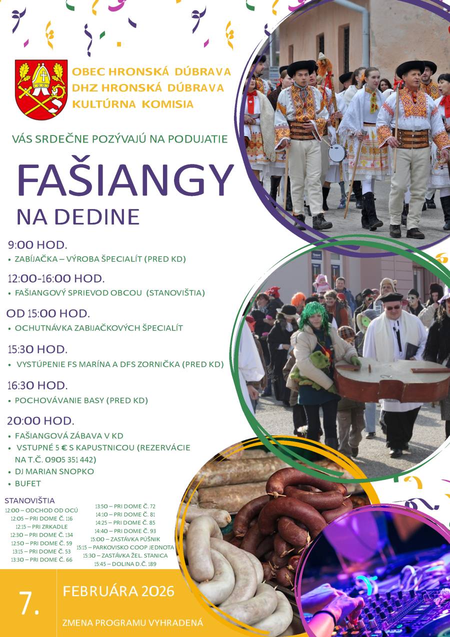 Srdečne Vás pozývame na sobotňajšie podujatie. Príďte ochutnať zabíjačkové špeciality, zabaviť sa, zažiť fašiangové zvyky a tradície... Rezervácia lístkov na fašiangovú zábavu je možná na t.č. 0905351442. V cene lístka / 5 Eur / je porcia kapustnice. Do tanca bude  hrať DJ Marian Snopko.  Význam stanovíšť: sprievod bude prechádzať celou dedinou a budú zastavovať na uvedených miestach-STANOVIŚTIACH...ľuďa  majú možnosť ich TAM privítať , pohostiť , zaspievať si s nimi alebo zatancovať. Zvolili sme takúto formu, aj z časového hľadiska, keďže  vieme, že každý nemusí mať záujem o danú zábavu,preto je na Vás, ktorí chcete podporiť sprievod aby ste si vybrali najbližšie stanovište k Vášmu domu a tam privítali účinkujúcich .....