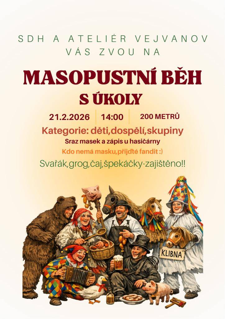 Masopustní běh s úkoly 21.2.26 ve 14:00 u hasičárna.
