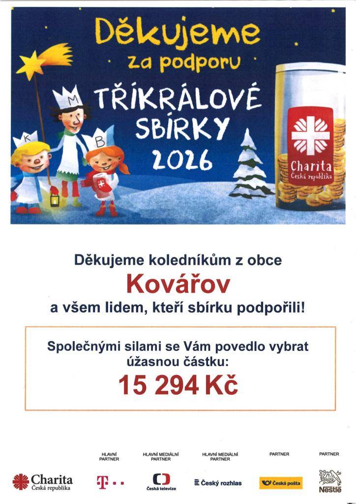 Charita Písek děkuje obci Kovářov a všem koledníkům za spolupráci a pomoc při Tříkrálové sbírce 2026. Velice si Vaší pomoci vážíme. Děkujeme.