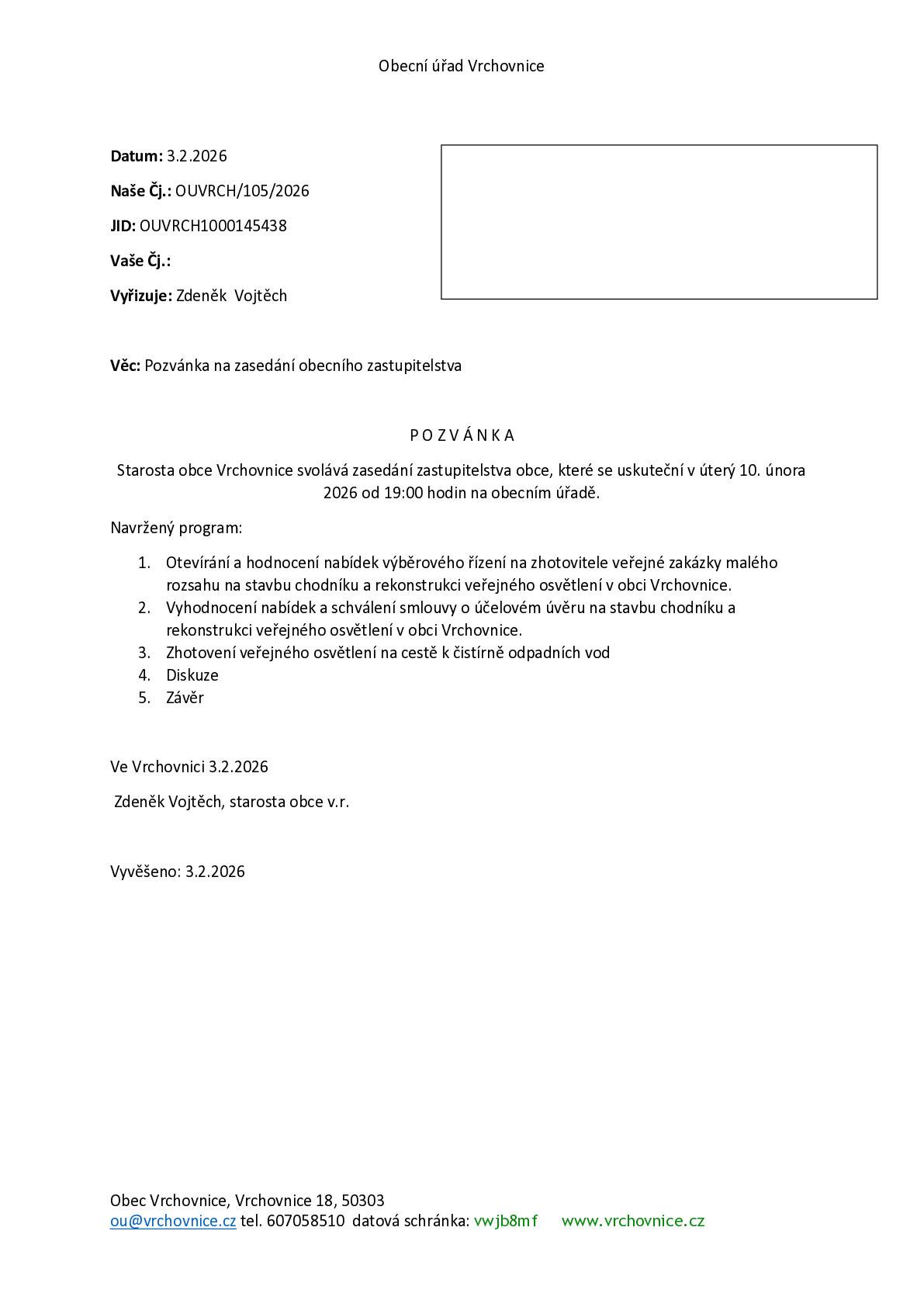 Pozvánka na jednání zastupitelstva obce konané dne 10.2.2026