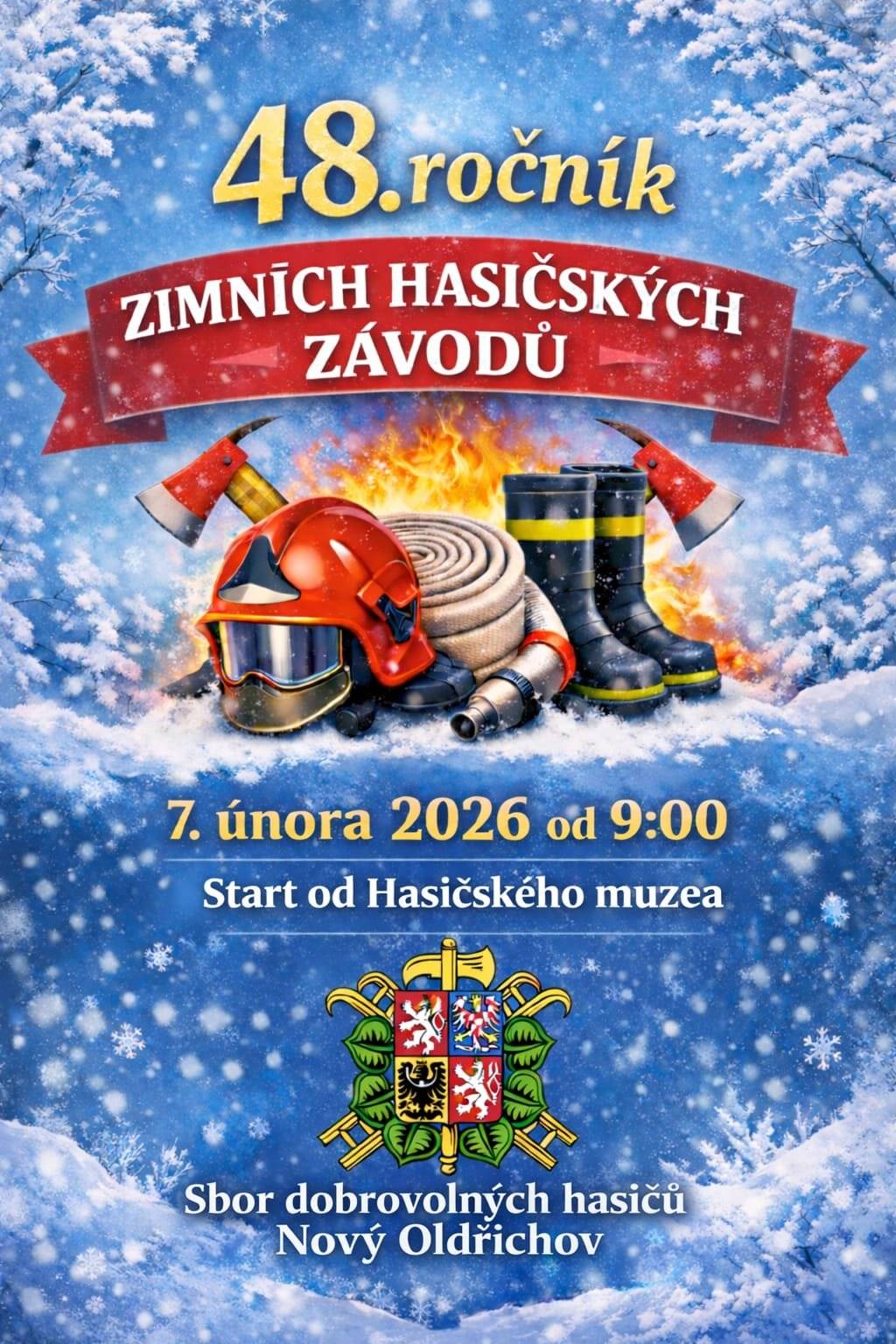 V sobotu 7.2.2026 se u nás v obci uskuteční 48. ročník mezinárodních hasičských závodů. Trať povede od Hasičského muzea přes Šajbu, les, cyklostezku a kolem nádrže zpět k muzeu.  Děkujeme všem za shovívavost a budeme moc rádi, když závodníky podpoříte. SDH Nový Oldřichov