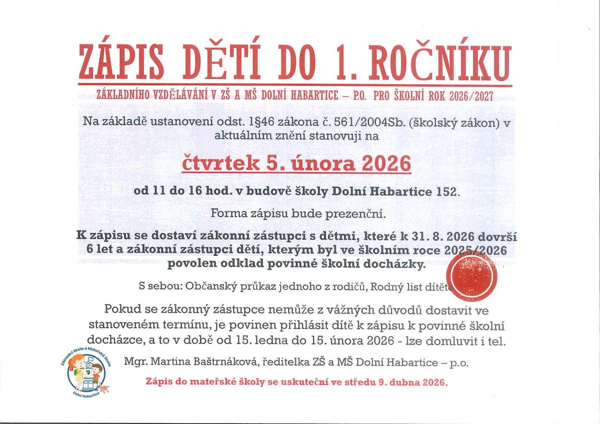 Ve čtvrtek 5.2. 2026 se v ZŠaMŠ koná zápis dětí do 1. třídy. Starosta