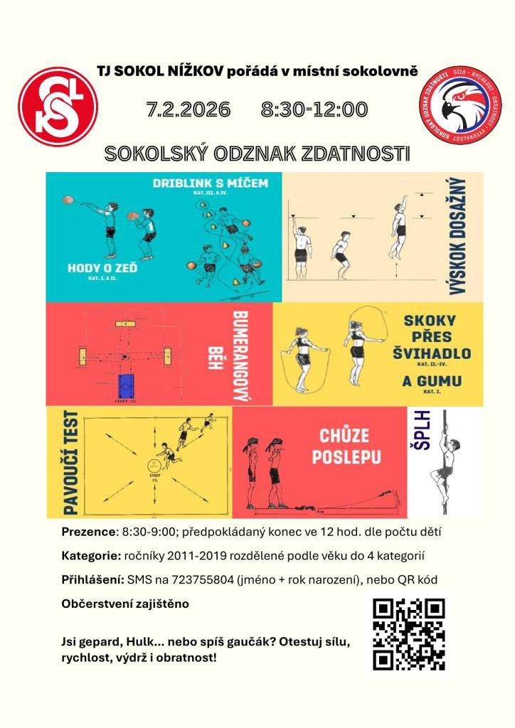 TJ Sokol Nížkov pořádá v sobotu 7. února Sokolský odznak zdatnosti. Prezentace 8:30 - 9:00.