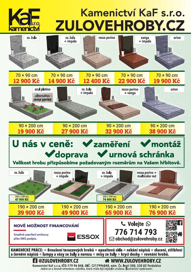 V pátek 6.2 a 20.2.2026 v čase  12:30 -12:50 hodin na hřbitově v Křinci bude obchodní zástupce přijímat objednávky k opravám hrobů. Firma nabízí veškeré kamenické práce.