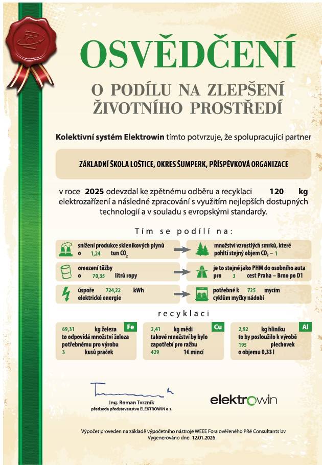 Díky obyvatelům se naše Základní škola Loštice, okres Šumperk, příspěvková organizace může za rok 2025 pochlubit výsledky sběru vysloužilého elektrozařízení předaného ke zpětnému odběru společnosti Elektrowin o celkové hmotnosti 0,12 t.