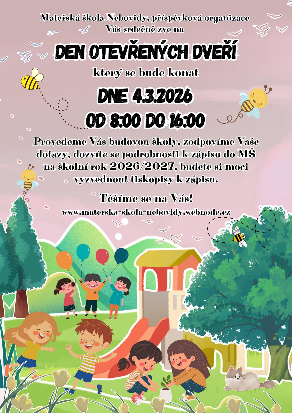 Přijďte se podívat na den otevřených dveří v naší mateřské škole! 🌼 Čeká na vás příjemná atmosféra, prohlídka tříd, možnost poznat paní učitelky a nahlédnout do každodenního života dětí.