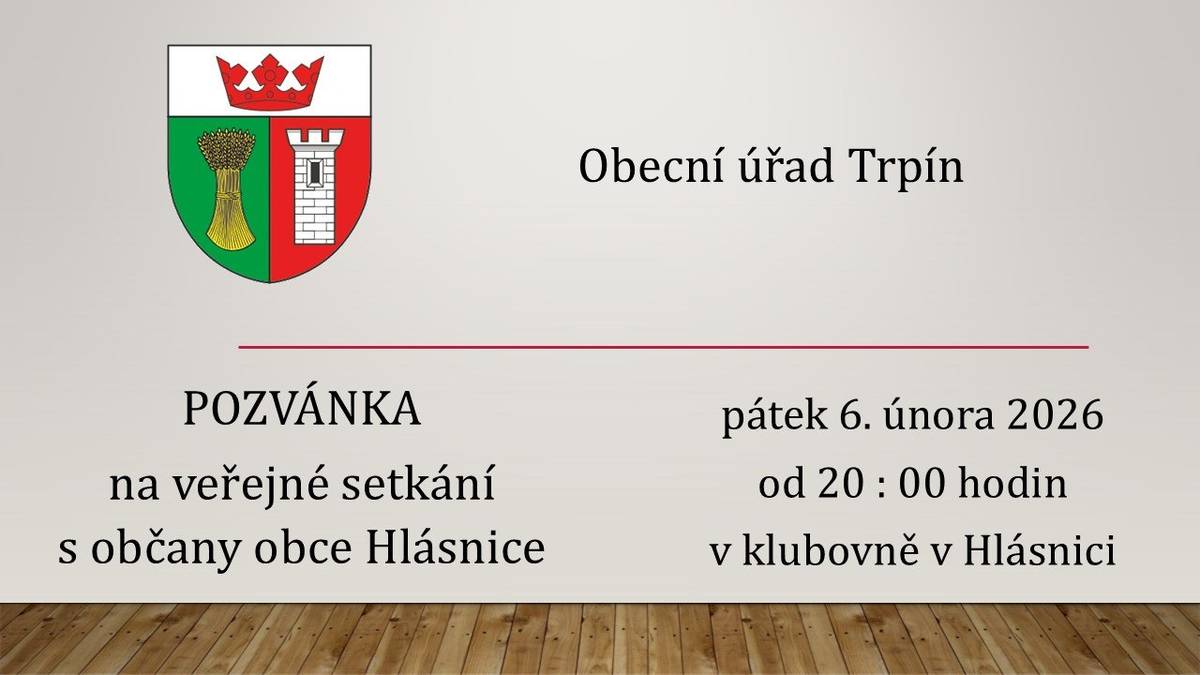 Veřejné setkání s občany obce Hlásnice proběhne v pátek 6.2.2026 od 20 hodin v klubovně v Hlásnici.