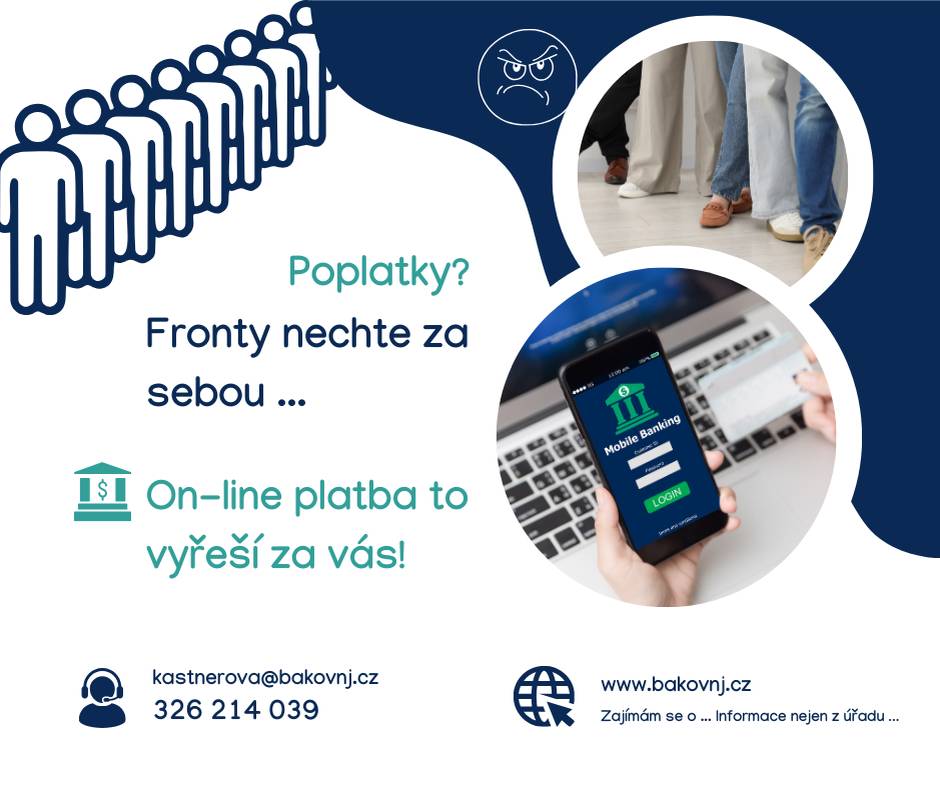 Výběr místních poplatků za odpad a psy pro rok 2026 je v plném proudu a zájem je velký – na městském úřadě se občas tvoří fronty.  👉 Připomínáme proto, že nemusíte chodit osobně na pokladnu. Poplatky lze pohodlně uhradit bezhotovostně převodem na účet města 💻 Variabilní symboly z minulých let zůstávají platné.  ❓ Nevíte si rady s platbou? 📞 326 214 039 📧 kastnerova@bakovnj.cz  🏛️ Pokladna MěÚ 🕗 Po a St: 8.00–12.00 | 12.30–16.30  📅 Termín úhrady Poplatky je možné hradit do 30. 4. 2026.  💰 Výše poplatků 🗑️ 🐶 je stejná jak v minulých letech  ℹ️ https://www.bakovnj.cz/cs/zajimam-se-o/informace-nejen-z-uradu/mistni-poplatky-v-roce-2026.html  🙏 Děkujeme, že využíváte online platby a pomáháte tak zrychlit provoz úřadu.