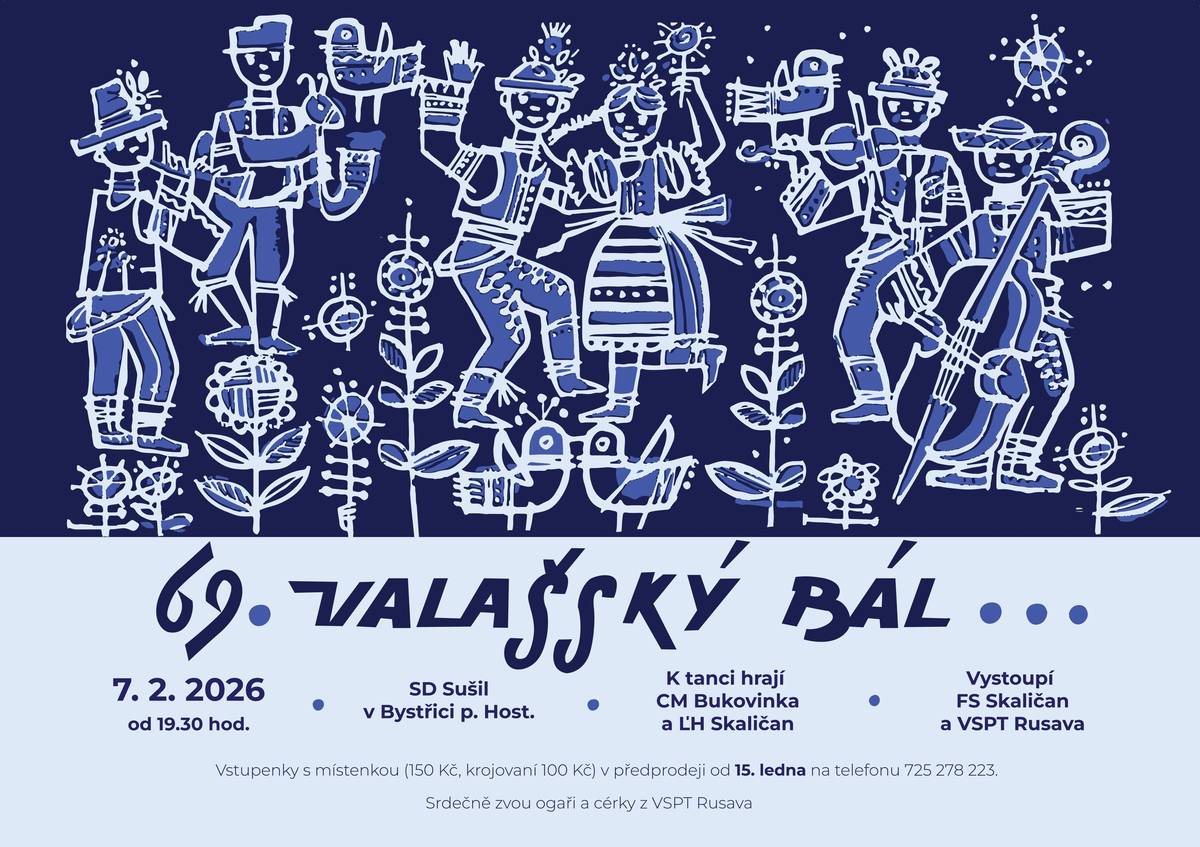 Valašský soubor písní a tanců Rusava srdečně zve na 69. VALAŠSKÝ BÁL. Uskuteční se ve Společenském domě Sušil v sobotu 7. února od 19.30. K tanci zahrají cimbálové muziky Bukovinka a Skaličan, připraveno je bohaté občerstvení, tombola i tradiční strhávání holubiček. Vstupenky a místenky v předprodeji na telefonu 725 278 223.