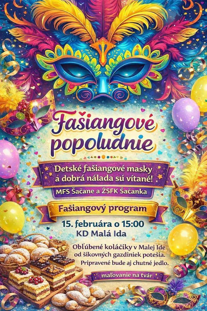 Fašiangový program sa uskutoční 15. februára o 15:00 v Kultúrnom dome Malá Ida. Navštívte nás a vychutnajte si obľúbené koláčiky a chutné jedlo od šikovných gazdiniek.