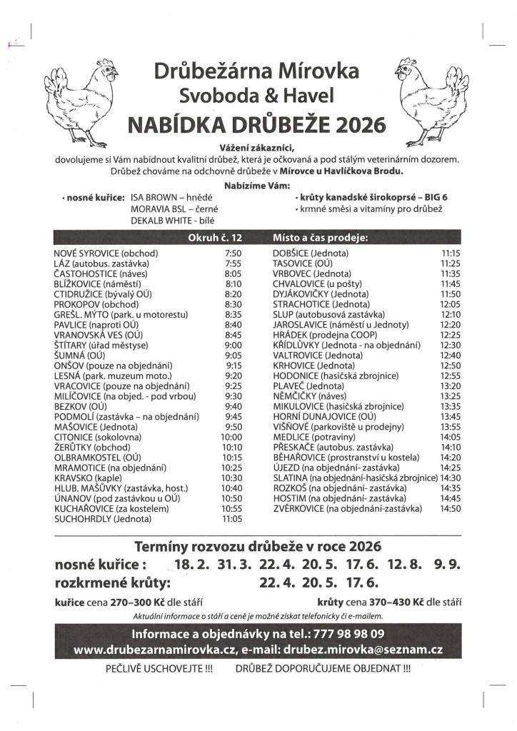 Drůbežárna Mírovka - nabídka drůbeže v roce 2026