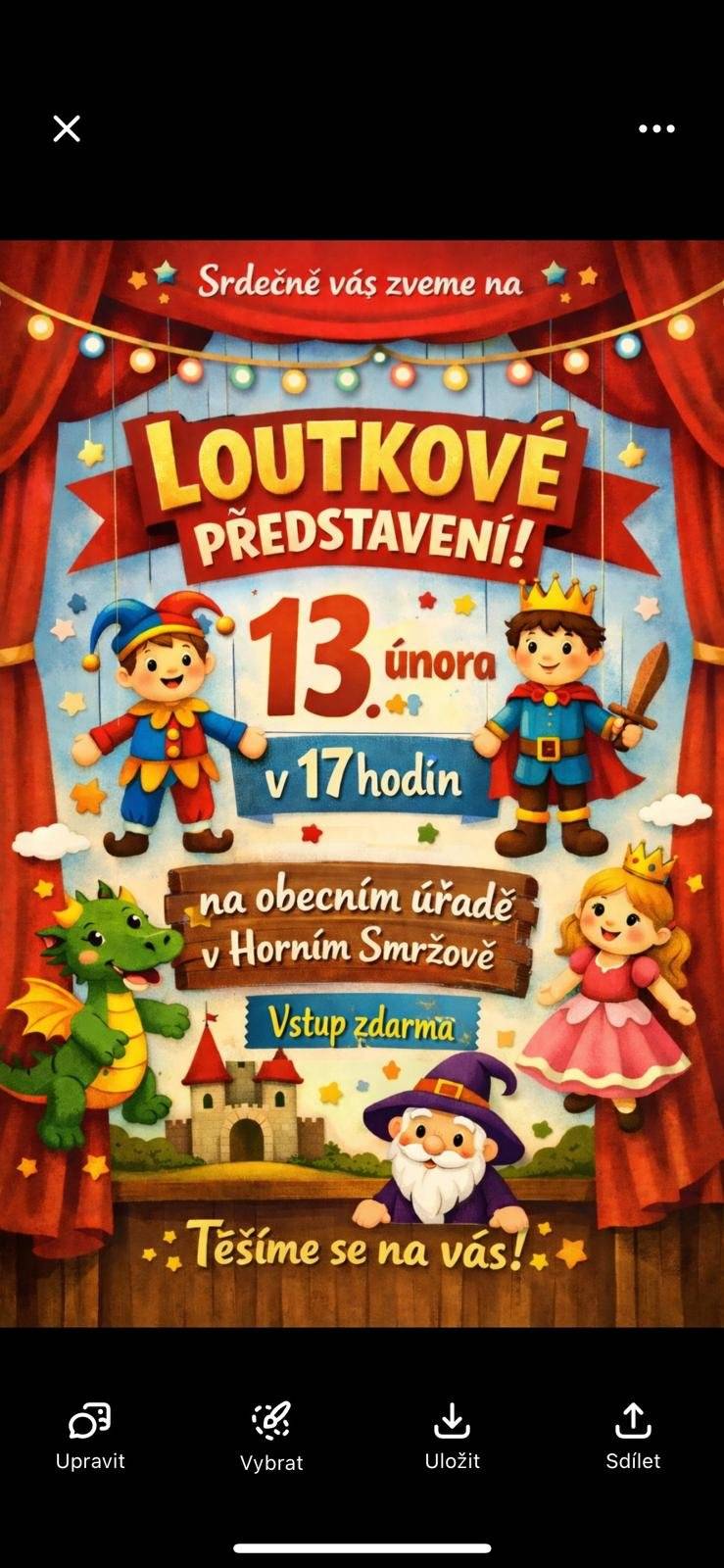 Srdečně zveme na loutkové představení dne 13.2.2026 v 17,00 hod. na obecní úřadě v Horním Smržově.