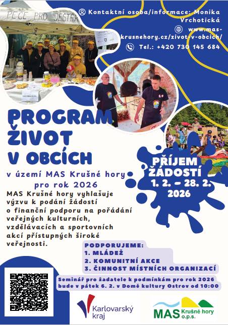 Místní akční skupina Krušné hory vyhlašuje výzvu k podání žádostí o finanční podporu na pořádání veřejných kulturních, vzdělávacích a sportovních akcí přístupných široké veřejnosti. Žádosti lze podávat od 1. do 28. února 2026. Pro zájemce se také koná seminář o podmínkách pro rok 2026, který se usku