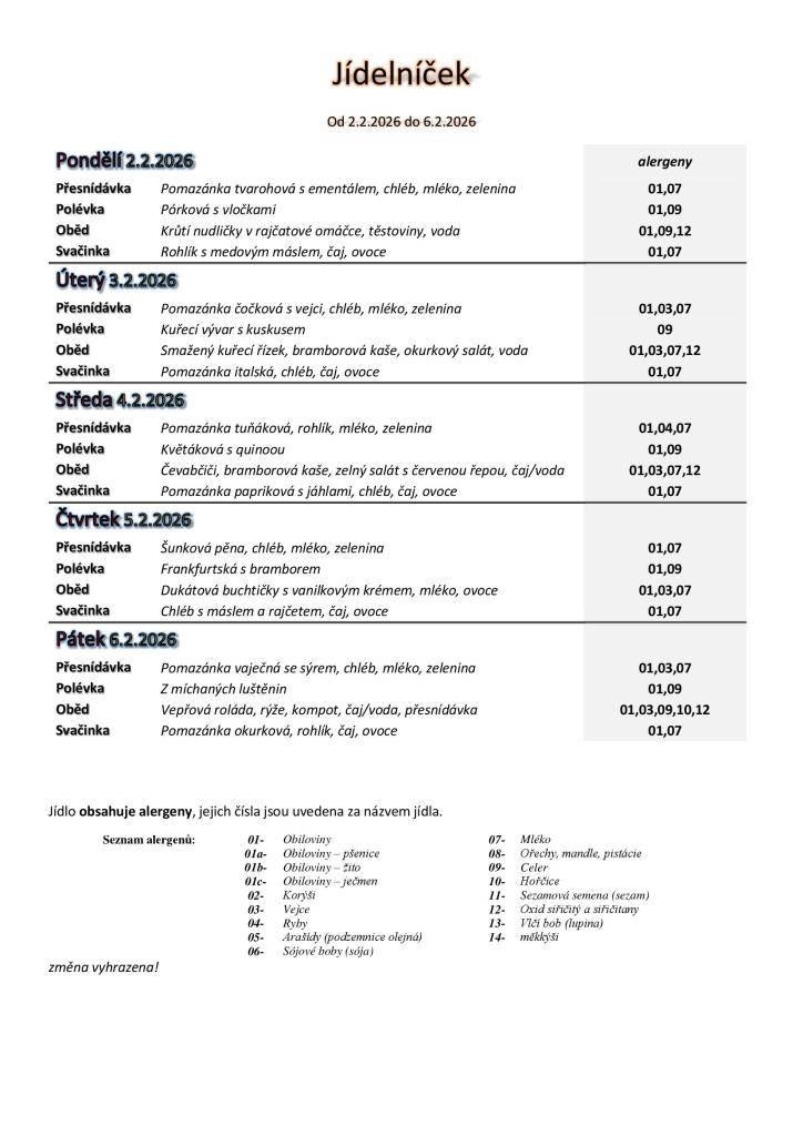 Jídelníček základní školy platný v týdnu od 2.do 6.2.2026