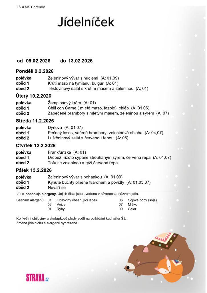 Jídelní lístek ZŠ a MŠ Chotíkov na týden 09. 02. 2026 - 13. 02. 2026.