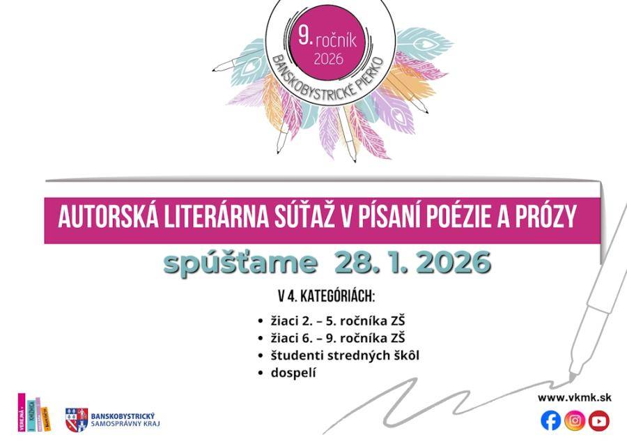 S veľkou radosťou Vás pozývame chytiť pero do ruky a začať písať, tvoriť. Verejná knižnica Mikuláša Kováča otvára 9. ročník literárnej autorskej súťaže Banskobystrické pierko.