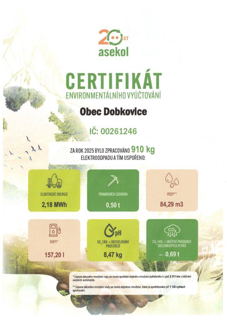 Elektrospotřebiče jsou běžnou součástí našeho každodenního života a jen těžko si jej bez nich dokážeme představit. Elektroodpad je tak v současné době jedním z nejrychleji rostoucích druhů odpadu. Pro zajištění sběru a recyklace již vysloužilých elektrozařízení si naše obec vybrala Asekol.