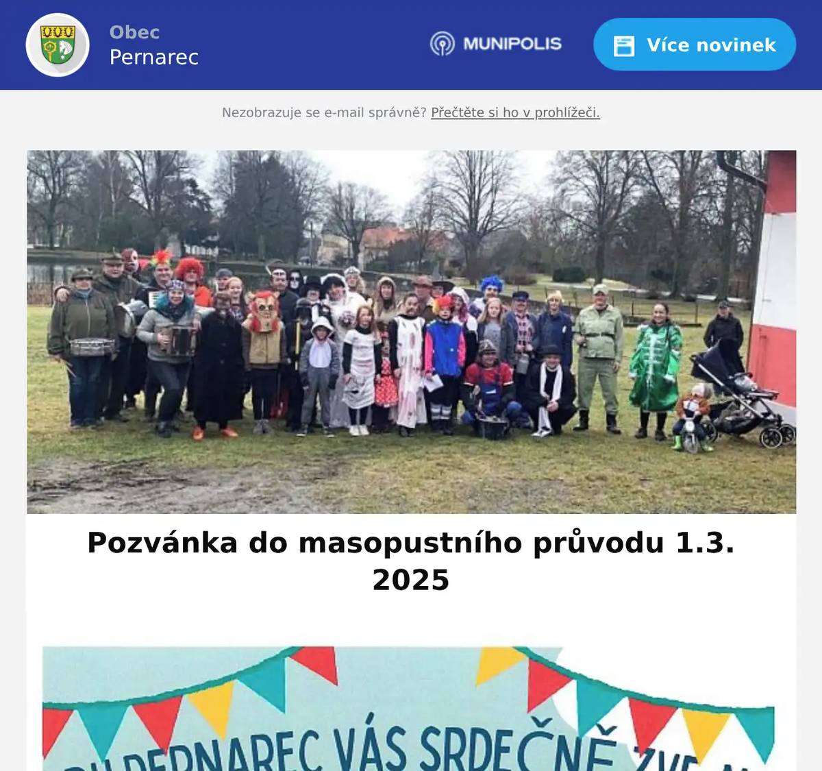 SDH Pernarec Vás všechny zve do masopustního průvodu v sobotu 1.3. 2024 Sraz masek v 9 hod. u hasičárny.