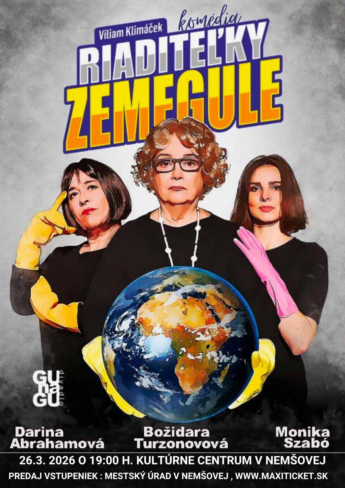 🎉Komédia...  🤩Tri generácie slovenských herečiek v brilantnej komédií o intímnom aj verejnom svete okolo nás. „Svet by bol o čosi lepší, keby mal krásne upratané ministerstvá.“  📝Noc na ministerstve zahraničných vecí. Tri upratovačky sa pri práci bavia o svojich životoch, milencoch a rozchodoch a popri tom majú zaručený recept, ako upratať dnešný rozhádzaný svet. Komédia o normálnych ľuďoch, ktorí sa snažia vyznať v chaose súčasnosti a pritom sa nezblázniť.  👉Pani Judit (hlavná rola, písaná pre Božidaru Turzonovovú) pochádza údajne z bývalej šľachtickej rodiny a upratovaním si chce udržať nielen vlastnú dôstojnosť, ale aj niveau tejto krajiny. Darina (Darina Abrahámová) sníva o milencovi z Anglicka, ktorý ju už-už požiada o ruku, len zatiaľ akosi nemá na to čas a najmladšia Monika (Monika Horváthová) prišla na ministerstvo upratovať po prvý raz. Postupne sa vynára jej tajomstvo a skutočný dôvod, prečo je tu.  📌Kde: Kultúrne centrum Nemšová 📅Kedy: 26.3.2026 o 19:00 hod.  ⏰Dĺžka: 70 min.  🎫Vstupenky v sieti Maxiticket prípadne na mestskom úrade v Nemšovej (☎️0918 876 668)... https://vstupenky.maxiticket.sk/riaditelky-zemegule-2026