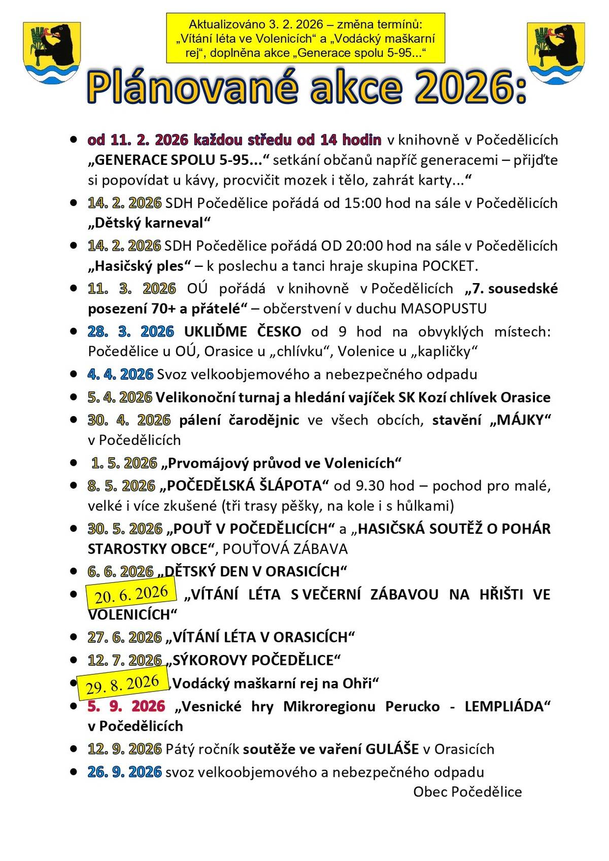 Plánované akce do září 2026 - aktualizováno 3. 2. 2026.