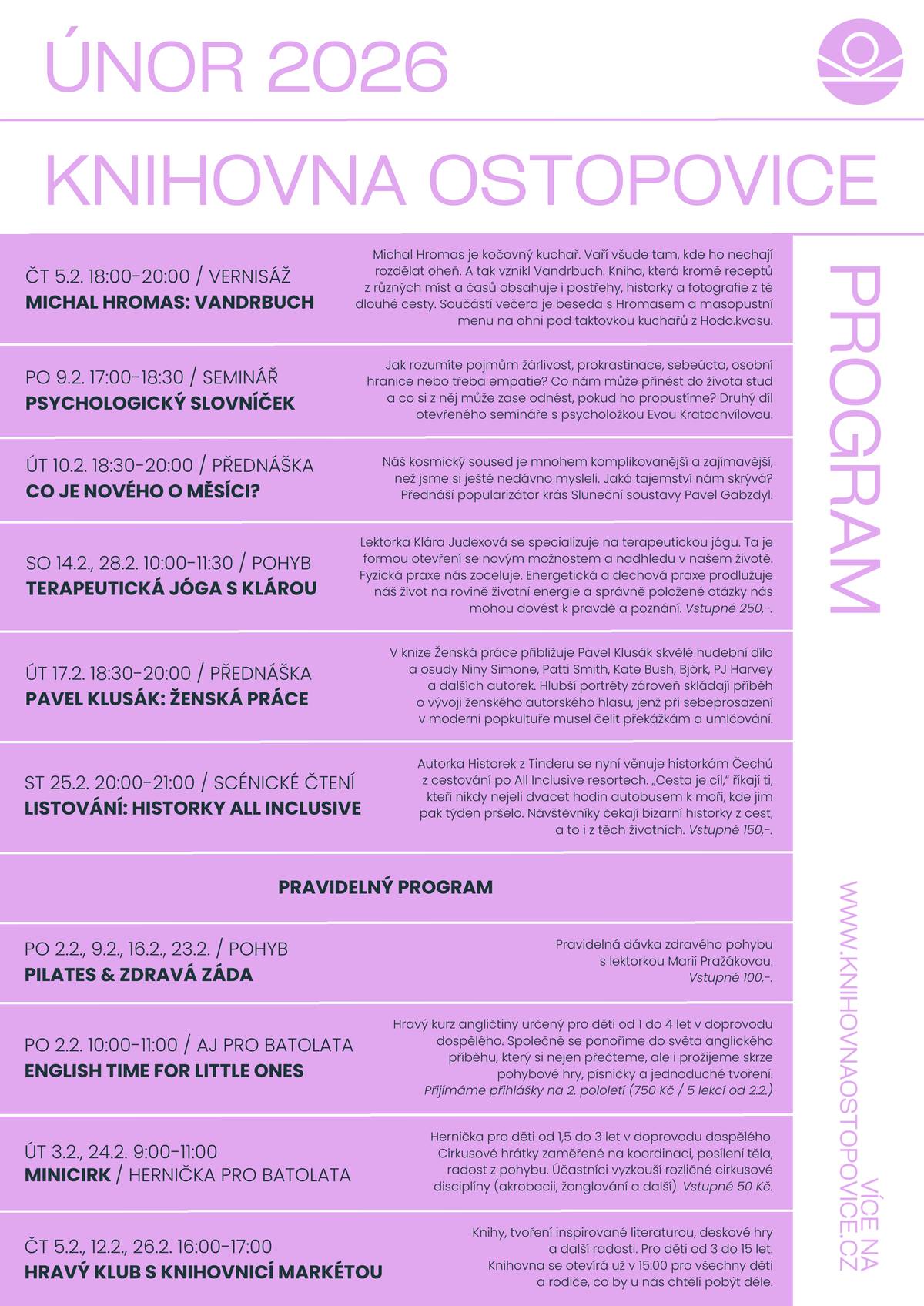 Srdečně zveme na únorové akce v obecní knihovně.  Doporučujeme rezervace místa na webu knihovny.