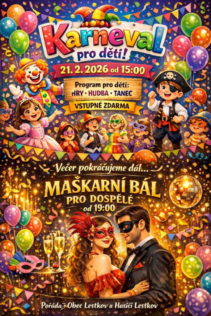 Srdečně zveme na karneval dne 21.2.2026, děti od 15 hodin a poté program pokračuje pro dospělé.
