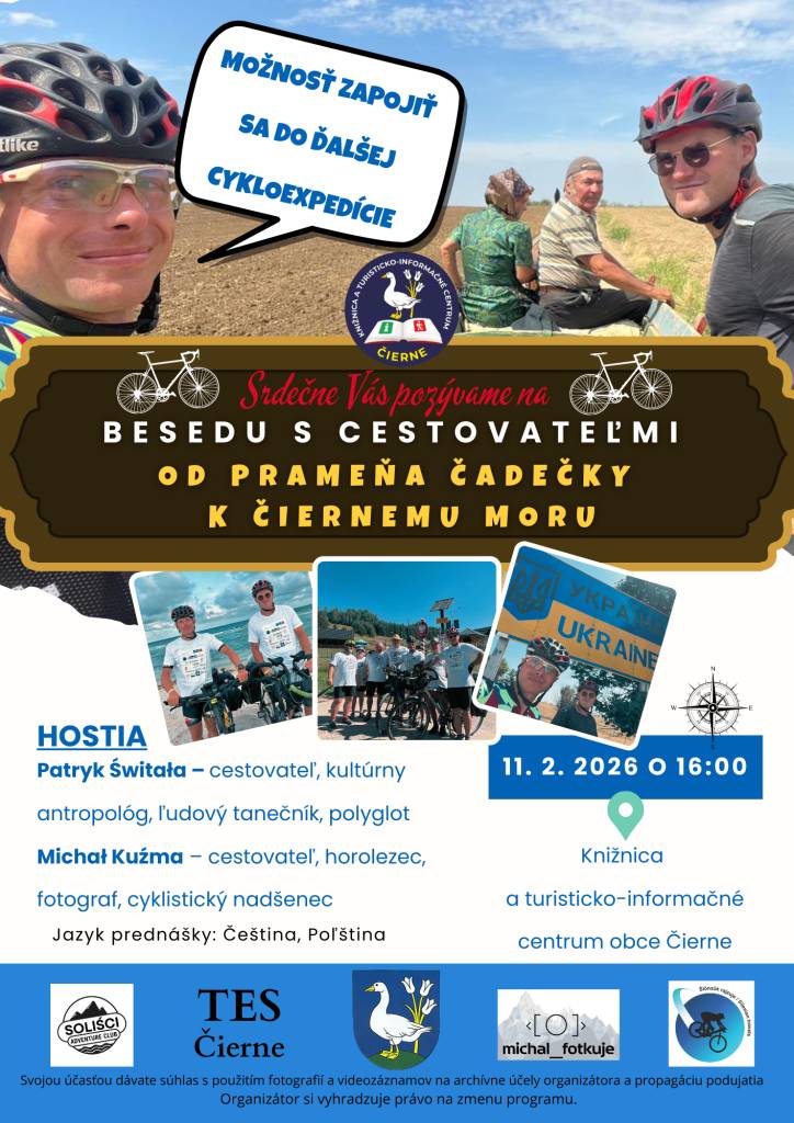 Srdečne Vás pozývame na besedu s cestovateľmi v knižnici a turisticko-informačnom centre.    Streda – 11. 2. 2026 o 16:00