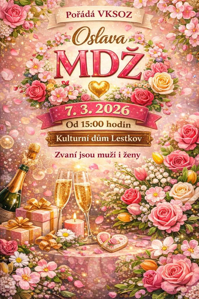 Obec Lestkov Vás srdečně zve na oslavu Mezinárodního dne žen,která se uskuteční v sobotu 7. března 2026 od 15:00 hodin v kulturním sále v Lestkově.  Zveme ženy i muže na společnou oslavu plnou příjemné atmosféry.  Občerstvení je zajištěno.  Těšíme se na Vaši účast.