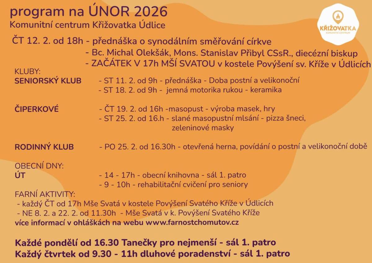 Vážení občané, sdílíme program  na únor 2026 v KC Křižovatka
