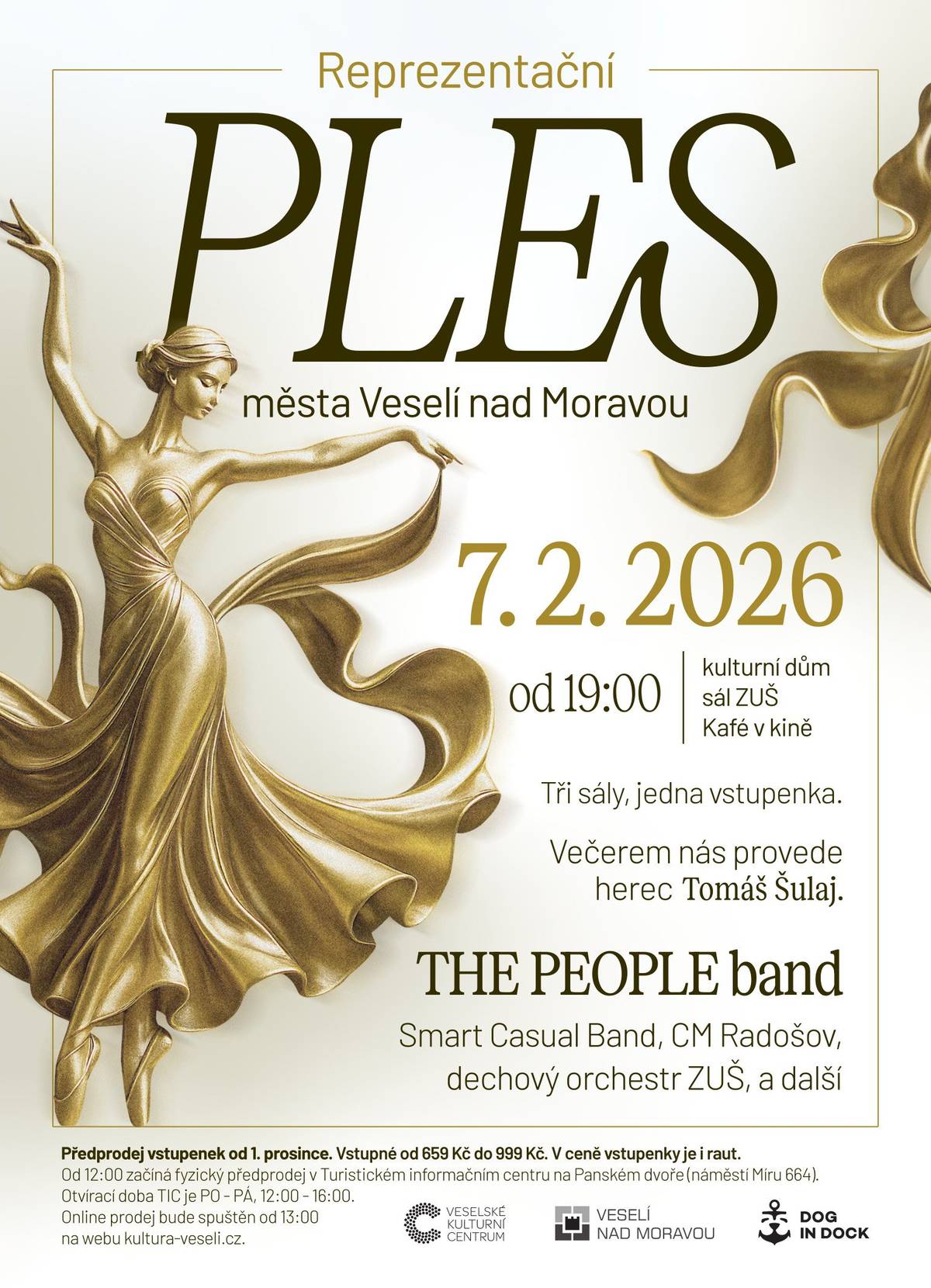 Město Veselí nad Moravou ve spolupráci s Veselským kulturním centrem zve všechny milovníky společenských událostí na tradiční Reprezentační ples města 2026, který se koná již tuto sobotu 7. února. Tato událost, která patří k vrcholům plesové sezony, nabídne návštěvníkům výjimečný večer v duchu elegance, kvalitní hudby a příjemné atmosféry. Program plesu bude probíhat souběžně ve třech sálech, přičemž vstupenka opravňuje ke vstupu do všech částí objektu. Hudební doprovod zajistí několik interpretů různých žánrů, mezi nimiž figurují kapely The People a Smart Casual Band, dále cimbálová muzika Radošov a dechový orchestr ZUŠ Veselí nad Moravou. Večerem provede moderátor a herec Slováckého divadla Tomáš Šulaj. Součástí vstupenky je také bohatý raut. V současné době jsou stále k dispozici vstupenky k sezení i ke stání.  Reprezentační ples města Veselí nad Moravou je tradiční společenskou událostí, která každoročně vytváří prostor pro příjemné setkání široké veřejnosti.