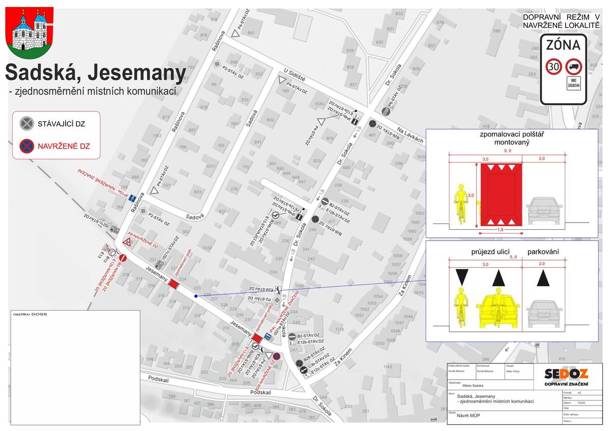 Na základě dlouhodobých stížností obyvatel ulice Jesemany na neudržitelnou situaci s parkováním a s rychlou jízdou v této ulici bylo rozhodnuto o změně místní úpravy provozu v této ulici. Návrh změny byl konzultován s Policií ČR i Odborem dopravy MěÚ Nymburk a tyto instituce vydaly s návrhem souhlasné stanovisko. V ulici Jesemany bude povolen pouze jednosměrný provoz, a to ve směru ven ze středu města. Zároveň budou v ulici instalovány dva velké zpomalovací prahy. Instalaci nového dopravního značení a zpomalovacích prahů provede specializovaná firma během tohoto týdne v závislosti na klimatických podmínkách.  Prosíme, věnujte zvýšenou pozornost nové dopravní úpravě a respektujte nové dopravní značení.