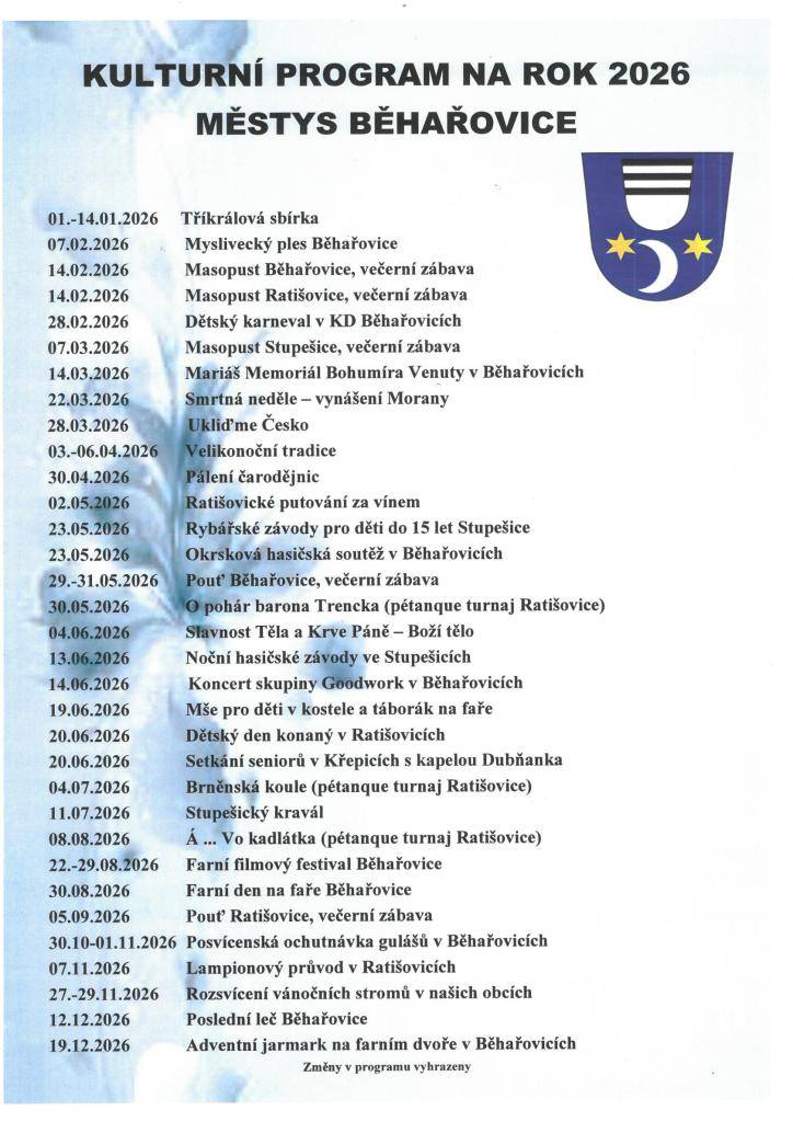 Kulturní program městyse Běhařovice na rok 2026