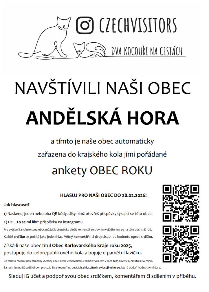 Naše obec se zapojila do ankety Obec roku 2025 od Czechvisitors. Hlasujte pro nás do 28. února 2026 a pomozte nám získat titul Obec Karlovarského kraje roku 2025. Postoupíme tak do celorepublikového kola a budeme mít šanci vyhrát pamětní lavičku.