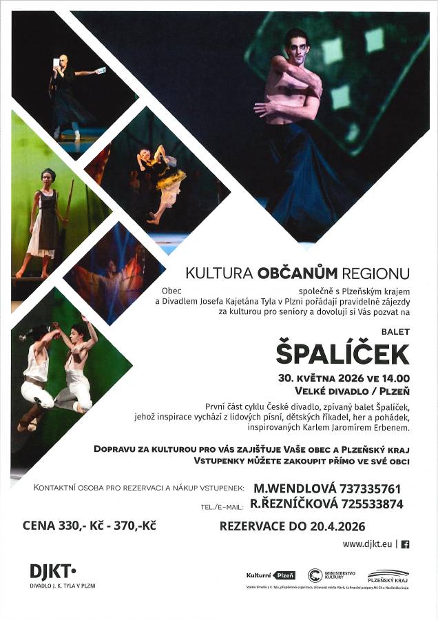 Obec Blížejov společně s Plzeňským krajem a Divadlem Josefa Kajetána Tyla v Plzni pořádají pravidelné zájezdy za kulturou pro seniory a dovolují si Vás pozvat na balet ŠPALÍČEK. Dne 30. května 2026 ve 14:00 hodin, Velké Divadlo/ Plzeň.
