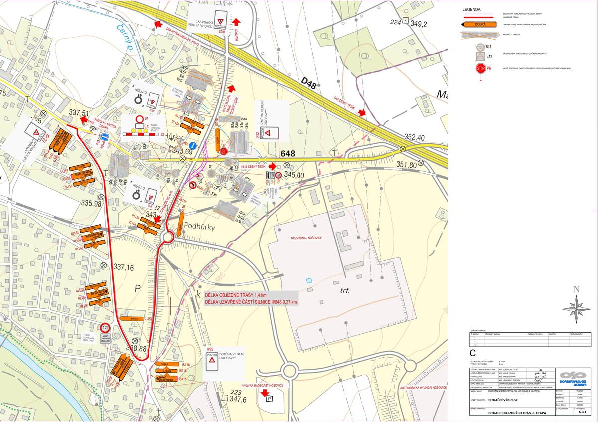 V období od 1. 3. 2026 do 30. 11. 2026 bude probíhat přestavba křižovatky silnic II/648 a III/4733h na okružní křižovatku.  Z důvodu stavebních prací bude křižovatka postupně uzavírána po jednotlivých etapách. Stavba je rozdělena do několika fází, během kterých dojde ke změnám v dopravě a vedení objízdných tras. Průběh stavebních etap:   1. a 2. etapa Výstavba provizorní komunikace a uzavření větve silnice II/648 ve směru na obec Dobrá.   3. etapa Provoz bude převeden na nově vybudovanou okružní křižovatku a dojde k uzavření větve silnice II/648 ve směru na Vojkovice.   Následně budou probíhat opravy povrchů na objízdných trasách, a to i za krátkodobých úplných uzavírek, zejména o víkendech.   Doprava: Objízdná trasa pro vozidla do 3,5 t a autobusovou dopravu: ze silnice II/648 na komunikaci k IVC Nošovice, dále kolem rozvodny Nošovice a následně je napojena na stávající okružní křižovatku na silnici III/4733h. V místě podjezdu silnice II/648, kde dochází ke zúžení komunikace na jeden jízdní pruh, bude provoz řízen dočasným světelným signalizačním zařízením. V dopravních špičkách pracovních dnů může být provoz v případě potřeby usměrňován pracovníky zhotovitele stavby. Autobusová doprava bude vedena po této objízdné trase, přičemž dojde k dočasnému přemístění autobusových zastávek dle etapizace stavby. Objízdná trasa pro vozidla nad 3,5 t: po silnici III/04821 z obce Vojkovice, dále přes obce Dobratice a Vyšní Lhoty a silnici III/4774 ve směru Nošovice – Dobrá. viz. přiložené situace C.4 Linková osobní doprava: Uzavírka si vyžádá změnu vedení linek linkové osobní dopravy. Podrobné informace ke každé etapě budou uvedeny v přiložených situačních mapách:  1 ETAPA 2 ETAPA 3 ETAPA Děkujeme za trpělivost a pochopení během realizace stavby.