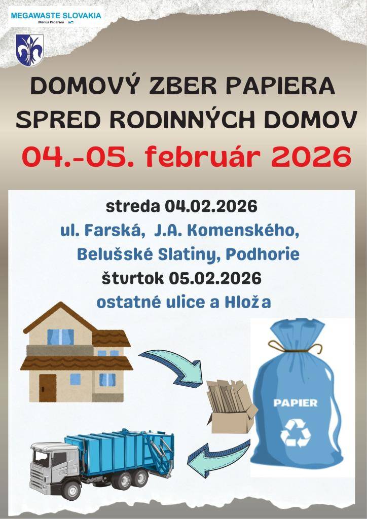 Zber modrých plastových vriec s papierovým odpadom bude spred rodinných domov v stredu 4.2.2026 a vo štvrtok 5.2.2026.
