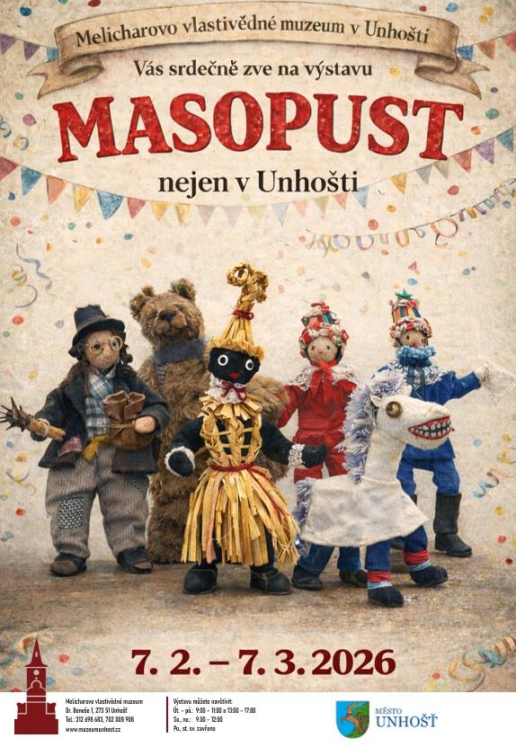 Vlastivědné muzeum v Unhošti vás srdečně zve na výstavu věnovanou masopustu. Výstava se zaměří na tradice a zvyky spojené s tímto obdobím v Unhošti a okolí.