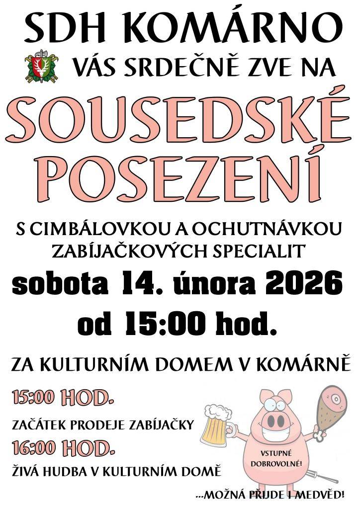 V sobotu 14. února 2026 od 15:00 se za kulturním domem v Komárně koná ochutnávka zabíjačkových specialit. Kromě výborného jídla se můžete těšit na živou hudbu v podání cimbálovky.