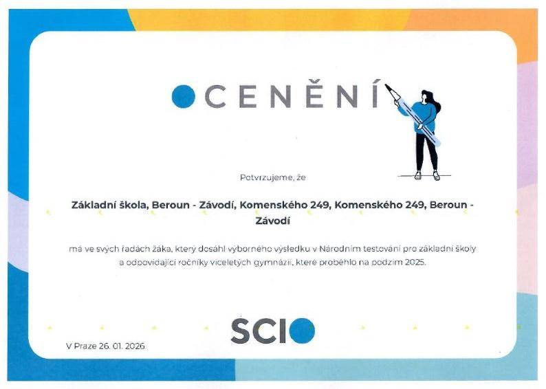 Základní škola, Beroun - Závodí, Komenského 249 pravidelně každý školní rok provádí testování SCIO. V rámci tohoto testování zjišťuje, jak si žáci a žákyně osvojují znalosti a kompetence. V tomto školním roce škola zaznamenala v testování velký úspěch, tentokrát v šestém ročníku.