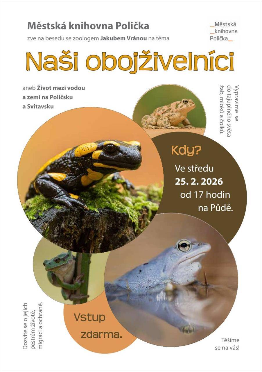9.únor 2026 - Karnevalové tvoření - dílna pro děti  15.únor 2026 - LiStOVáNí - Blízcí /Veronika González/  18.únor 2026 - Karnevalový Knihomolík  25. 2. 2026  - Naši obojživelníci      (Kultura / Městská knihovna)