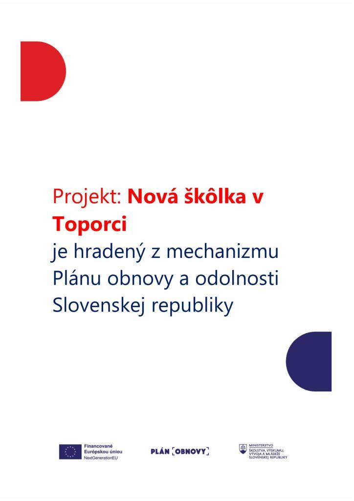 Projekt: Nová škôlka v Toporci je hradený z mechanizmu Plánu obnovy a odolnosti Slovenskej republiky