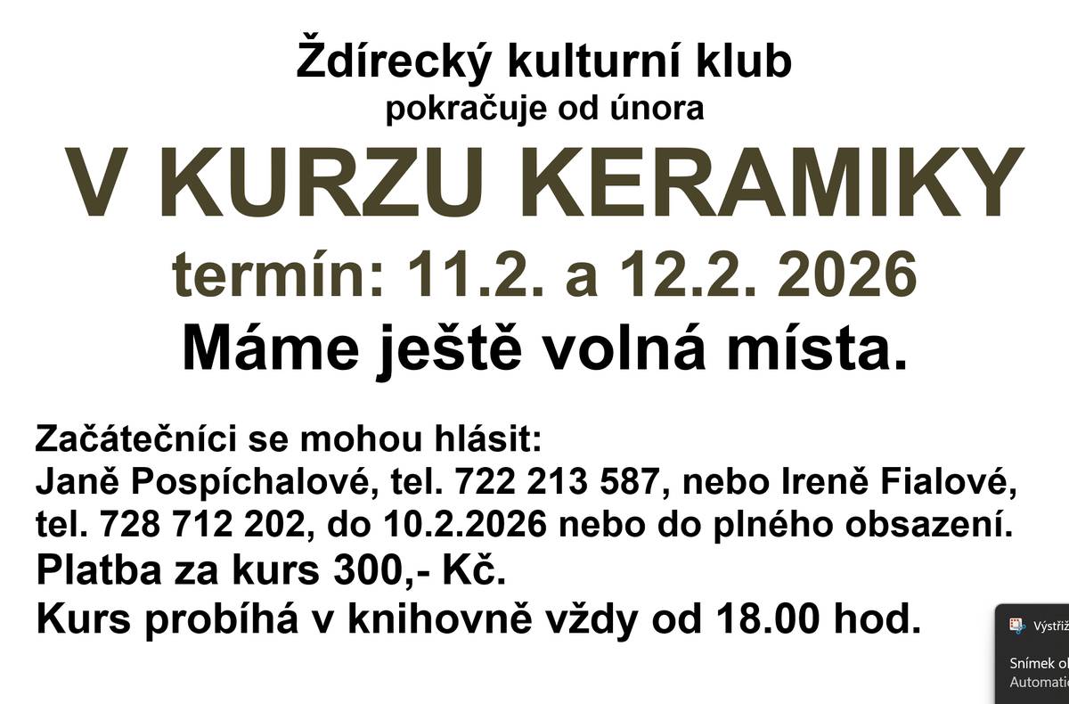 Ždírecký kulturní klub vás zve na kurz keramiky.