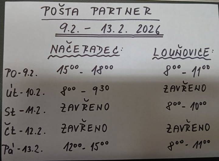 Pošta Partner v Načeradci oznamuje změnu otevírací doby v příštím týdnu: Po 9.2.: 15 - 18 h, Út 10.2.: 8 - 9:30 h, St 11.2. a Čt 12.2. zavřeno, Pá 13.2.: 12 - 15 h.