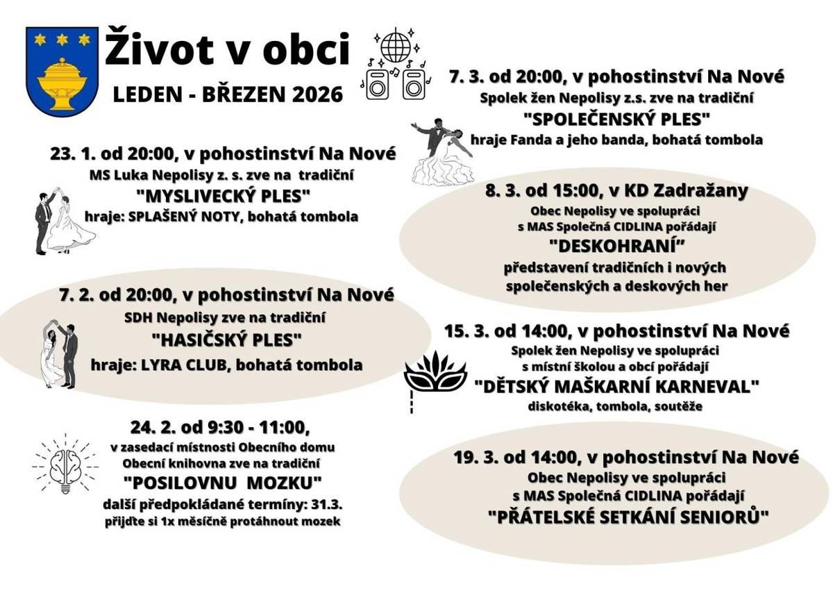 Přinášíme informační leták o kulturních a společenských akcích konaných v období měsíců ledna až března 2026.