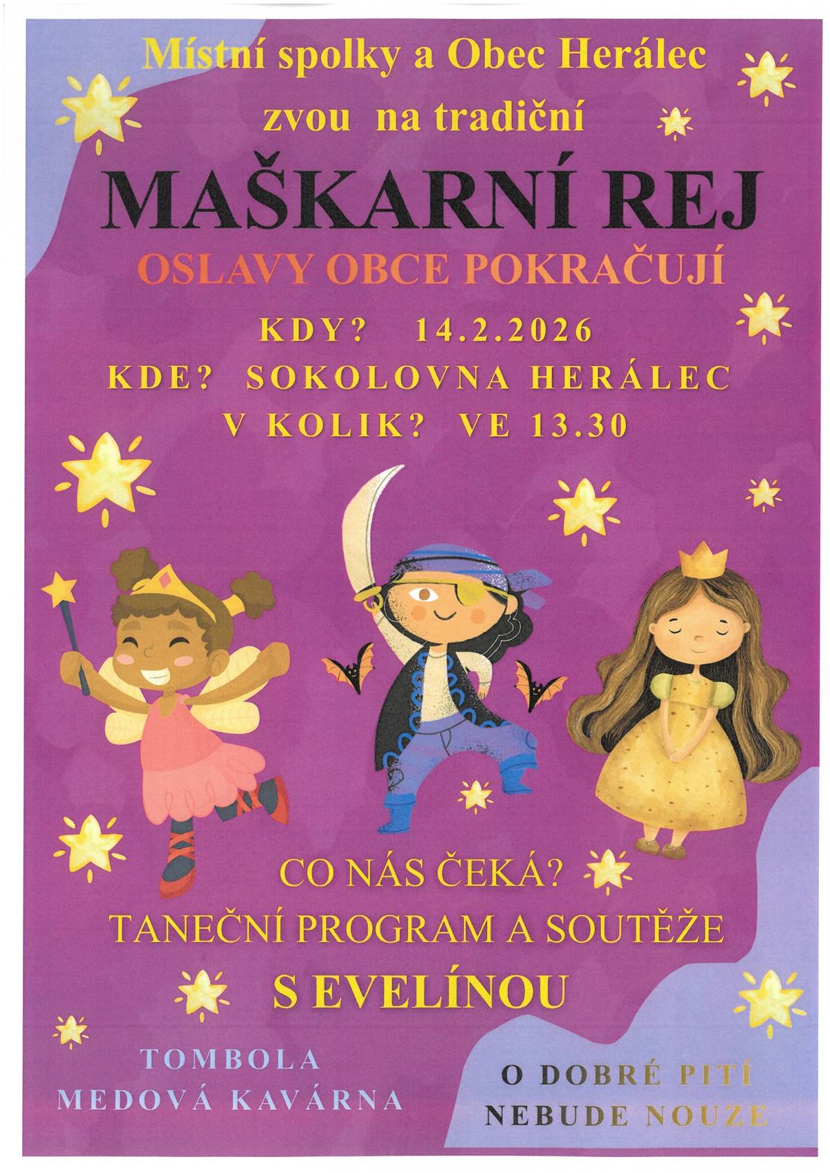 Maškarní rej 14.2.2026 Sokolovna Herálec ve 13:30 hod.