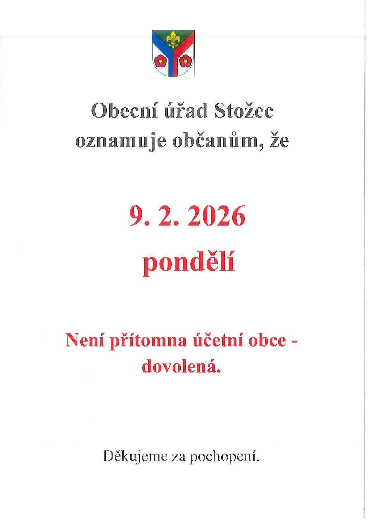 Obecní úřad Stožec oznamuje občanům, že