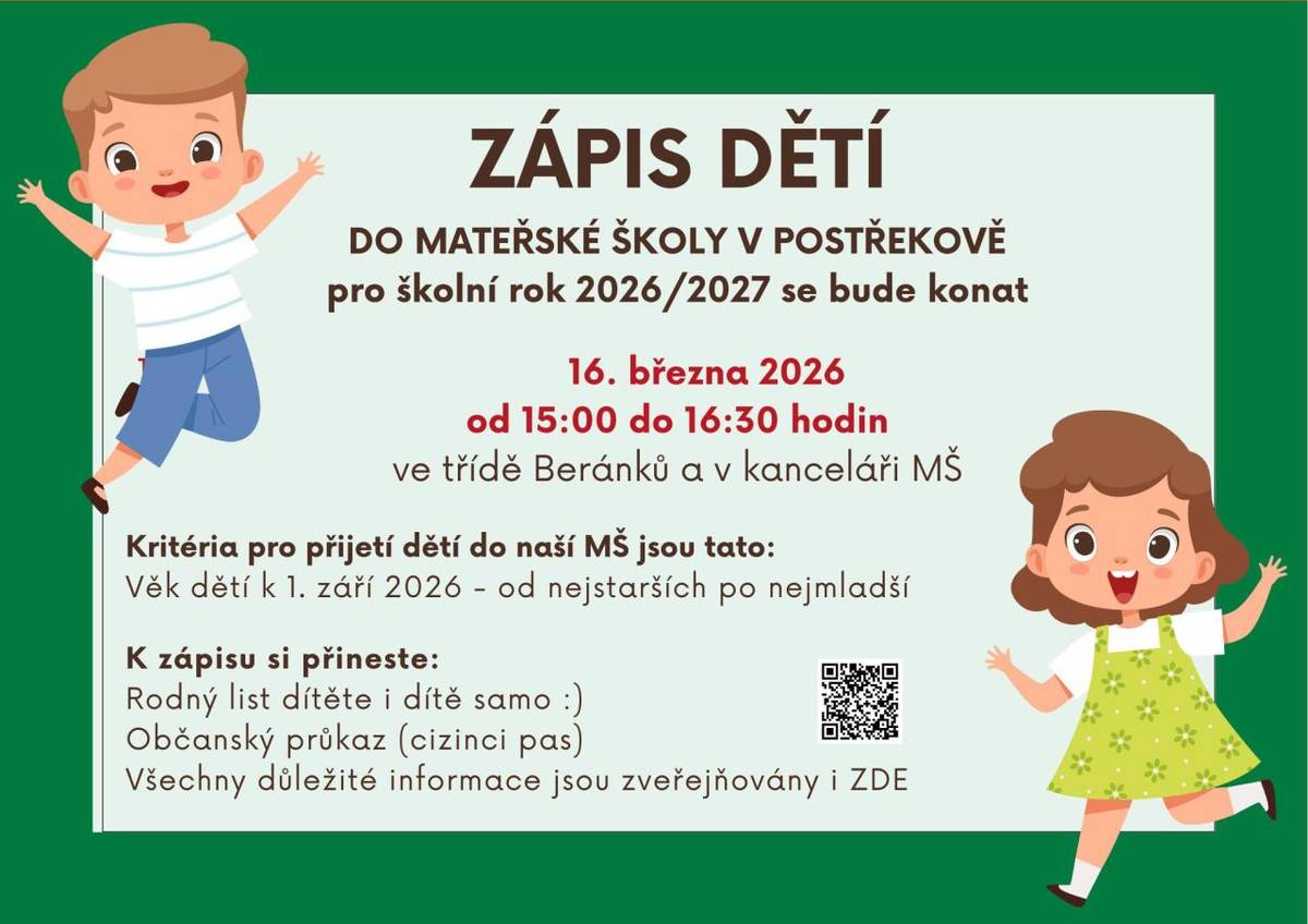 Zveme na zápis do MŚ Postřekov pro školní rok 2026/2027 dne 16.3.2026 od 15:00 do 16:30 hod.