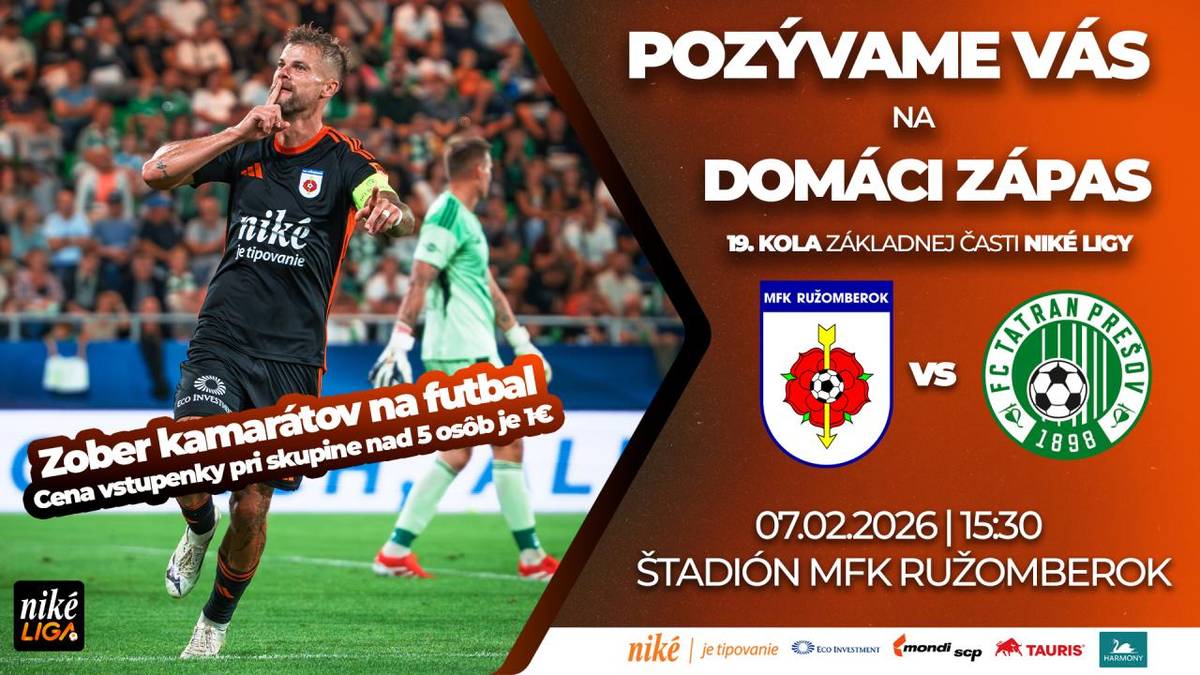 Niké Liga  19. kolo Niké Ligy MFK Ružomberok / FC Tatran Prešov 7. 2. 2026 o 15.30 hod. na štadióne MFK Ružomberok.