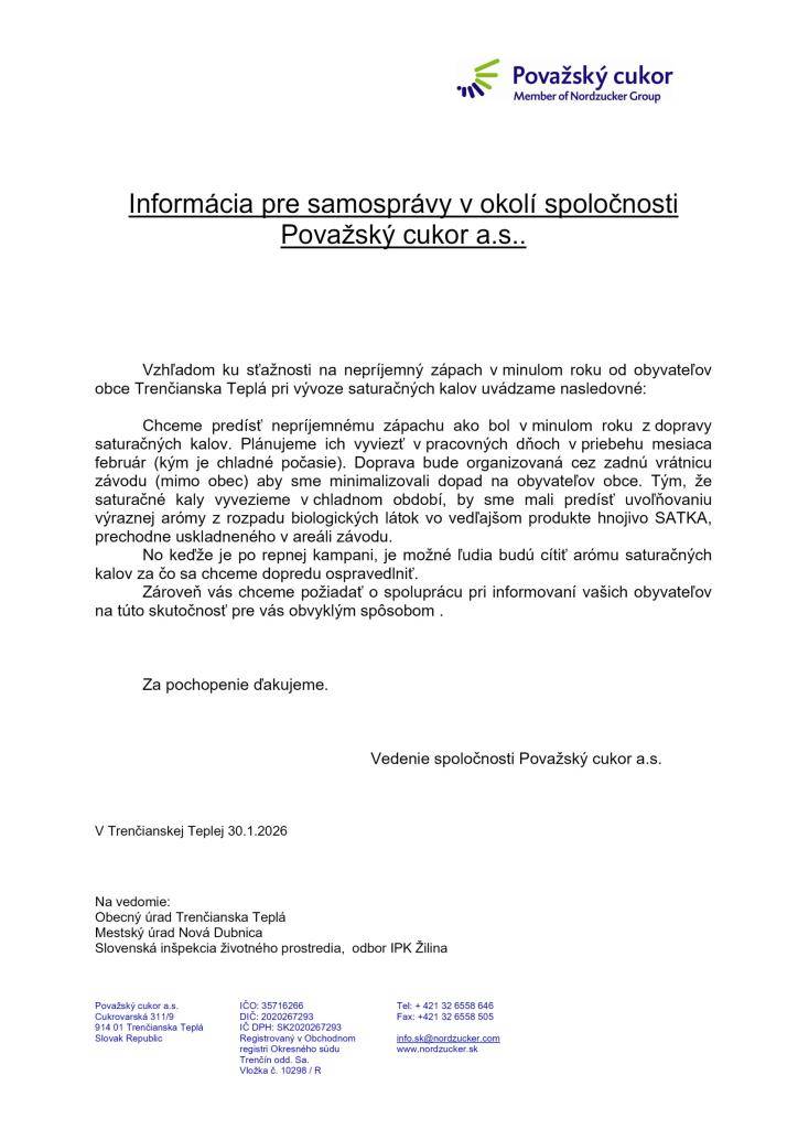 Informácia od spoločnosti Považský cukor a.s. z dôvodu sťažnosti na nepríjemný zápach.