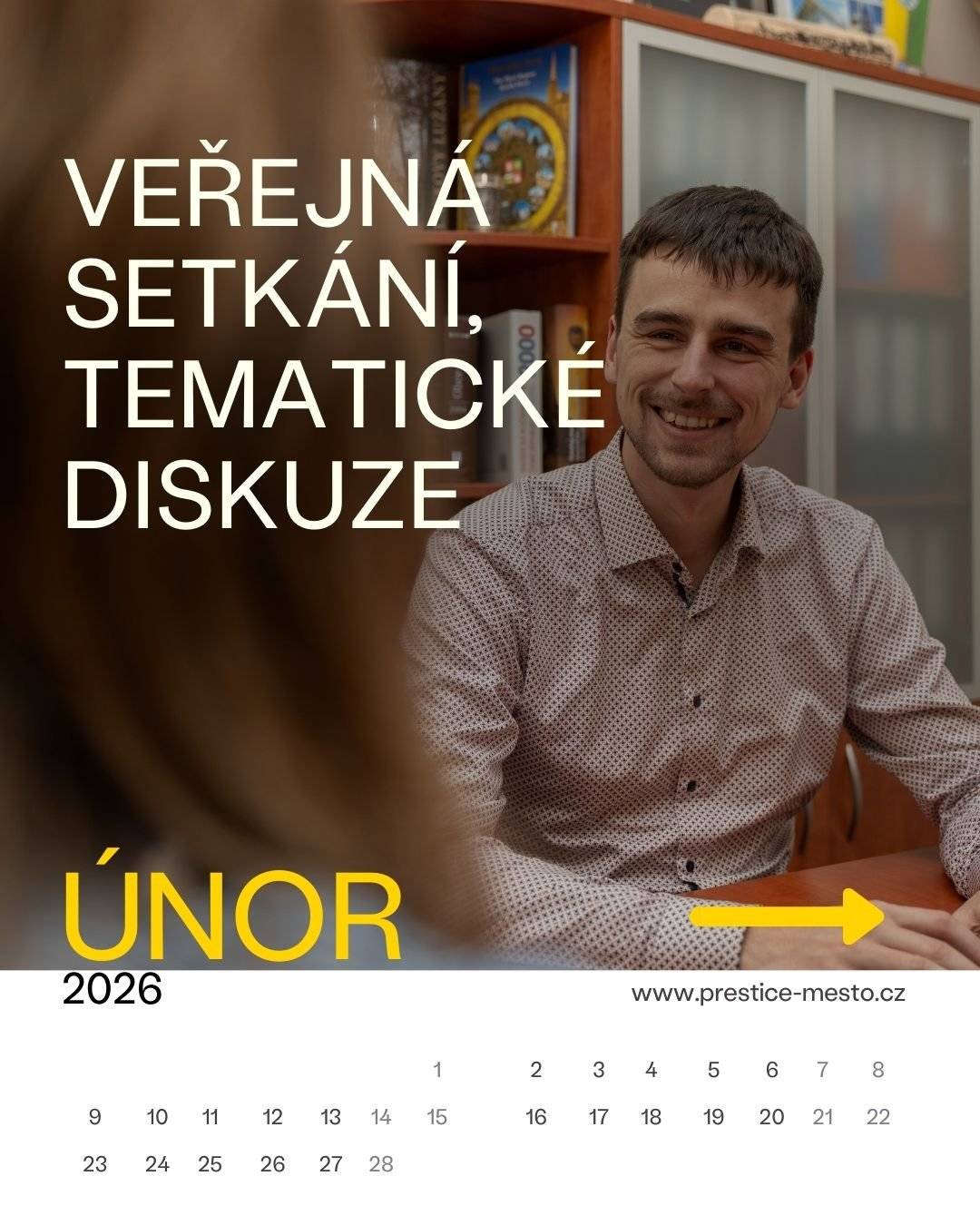 Přehled setkání, kde se řeší témata důležitá pro život ve městě – od veřejného prostoru až po podnikání.       ➤ 5. 2. 2026 | Na slovíčko se starostou, 17:00, Kavárna Sweetcat        ➤ 10. 2. 2026 | setkání Podnikatelského klubu Přeštice, 17:30, salonek Restaurace a minipivovaru Přešek       ➤ 26. 2. 2026 | Zasedání Zastupitelstva města Přeštice, 17:00, velký sál KKC Přeštice       👉 Přijďte se dozvědět víc.   📅 Kalendář akcí ZDE.